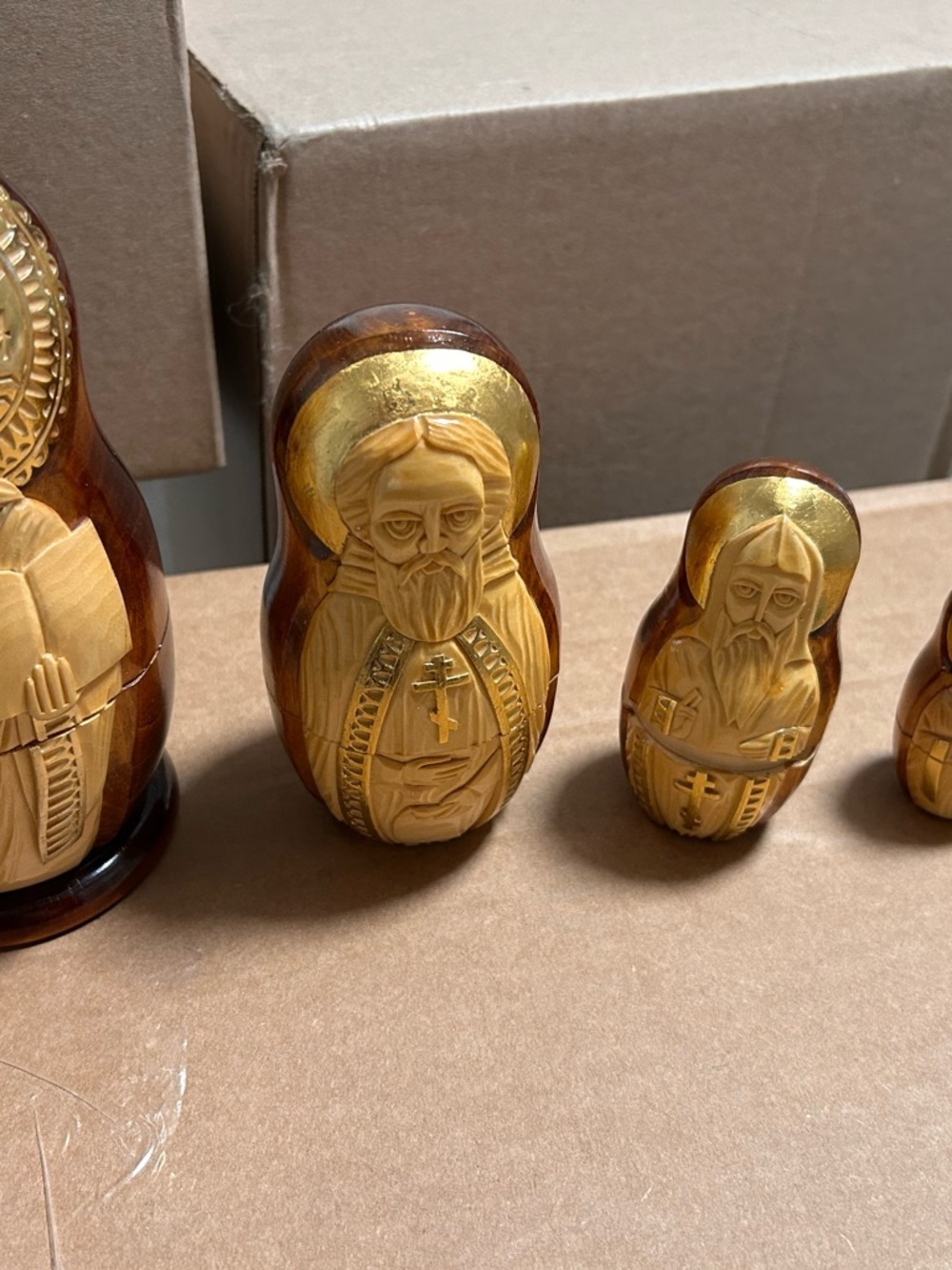 Hand-Carved Wooden Religious Matryoshka Doll in Gold and Natural Wood Tones - Picture 3 of 4